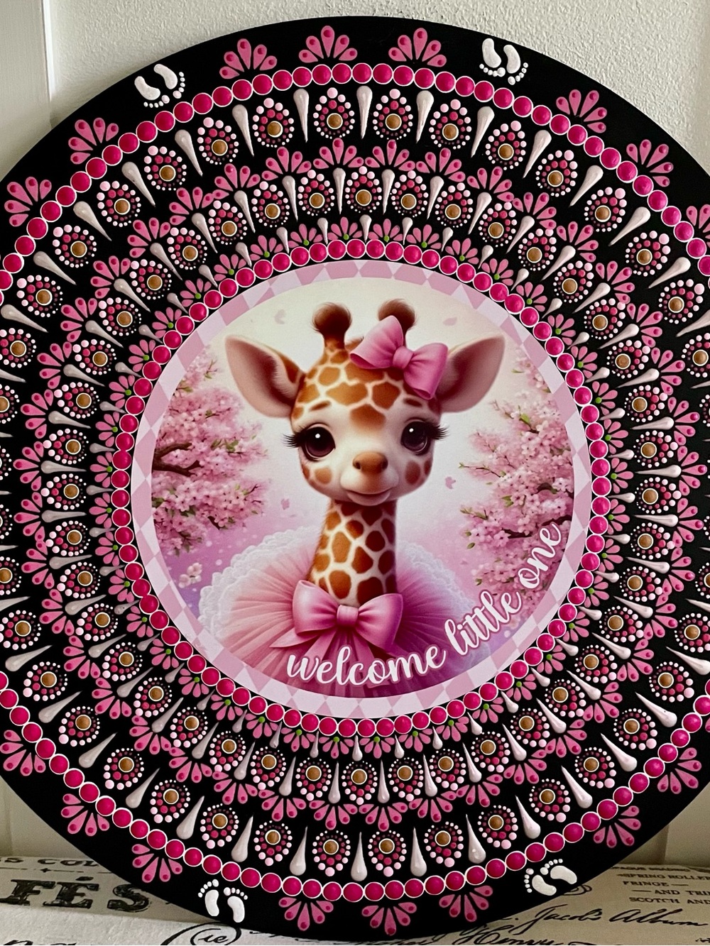 Handpainted Welcome Little One Pink Giraffe Wall Decor